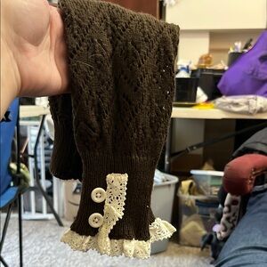 Brown Lace-Trimmed Knit Gloves